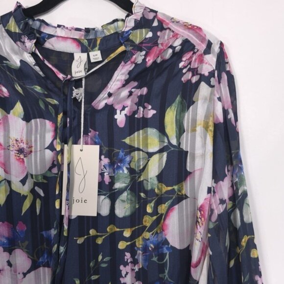 NWT Joie Women's Floral Ruffle Wrist Top Blouse S/P Pleated Tie V Neck Sheer - Picture 5 of 9